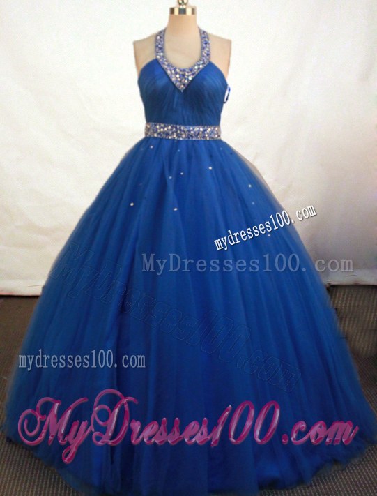 Fashionable Halter Top Beading Puffy Royal Blue Quinceanera Gowns