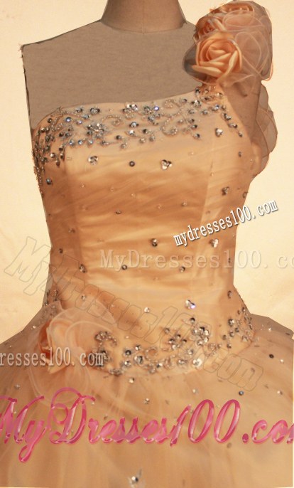 Gold Quinceanera Dress One Shoulder Handmade Flowers Beading