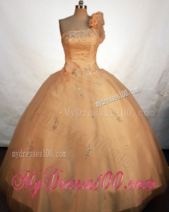 Gold Quinceanera Dress One Shoulder Handmade Flowers Beading