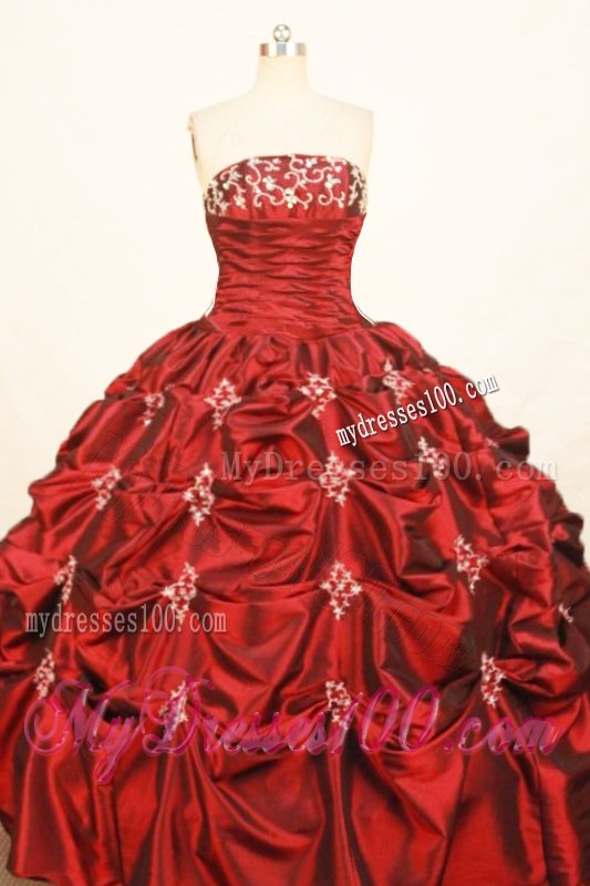Wine Red Pick Ups Appliques Strapless Elegant Quinceanera Dresses