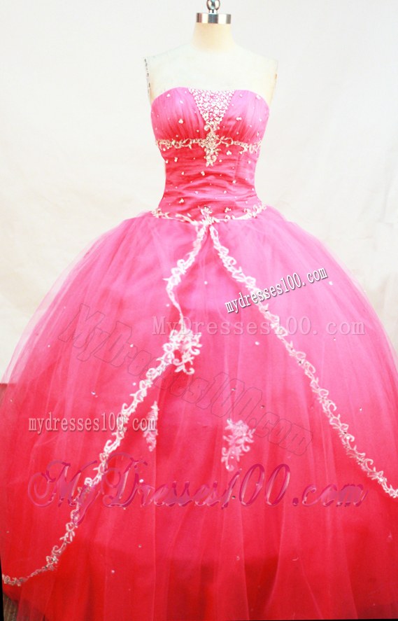 Appliqued and Beaded Watermelon Pink Tulle Dress for Quinceanera