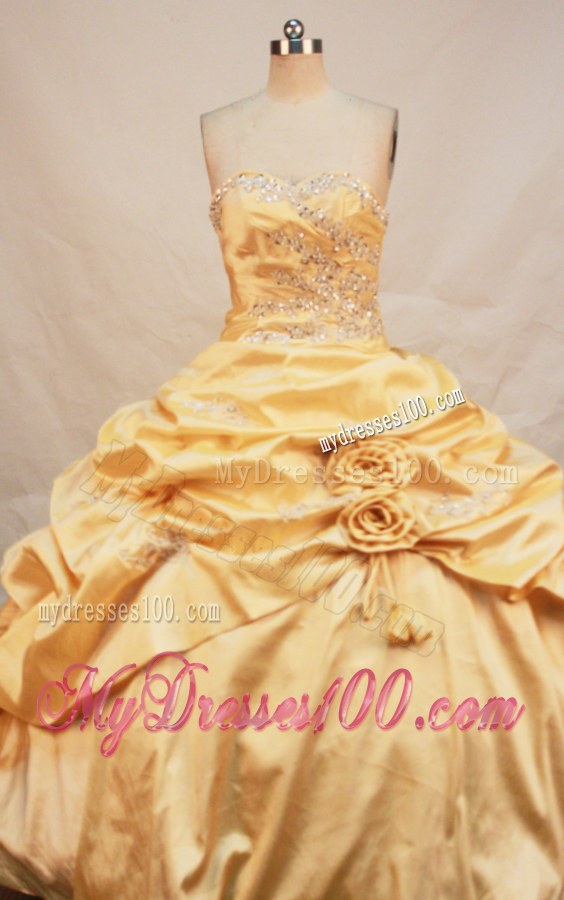 Glamorous Beaded and Flowered Gold Quinceanera Dress with Pick-ups