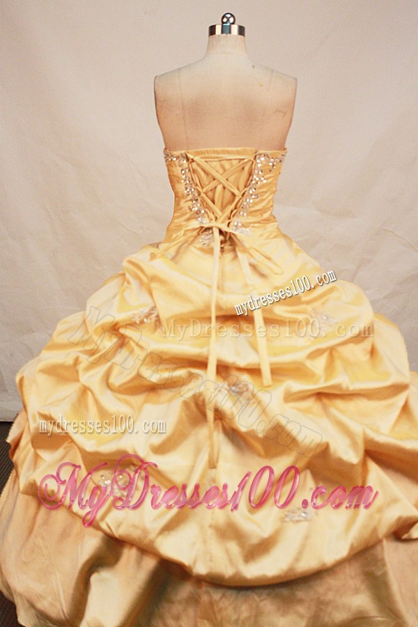Glamorous Beaded and Flowered Gold Quinceanera Dress with Pick-ups