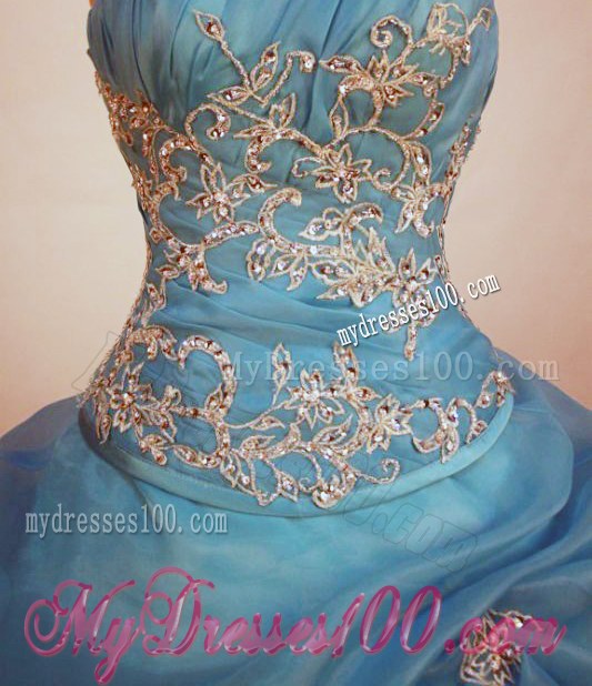 High-class Blue Strapless Floor-Length Appliques and Beading Quince Dress