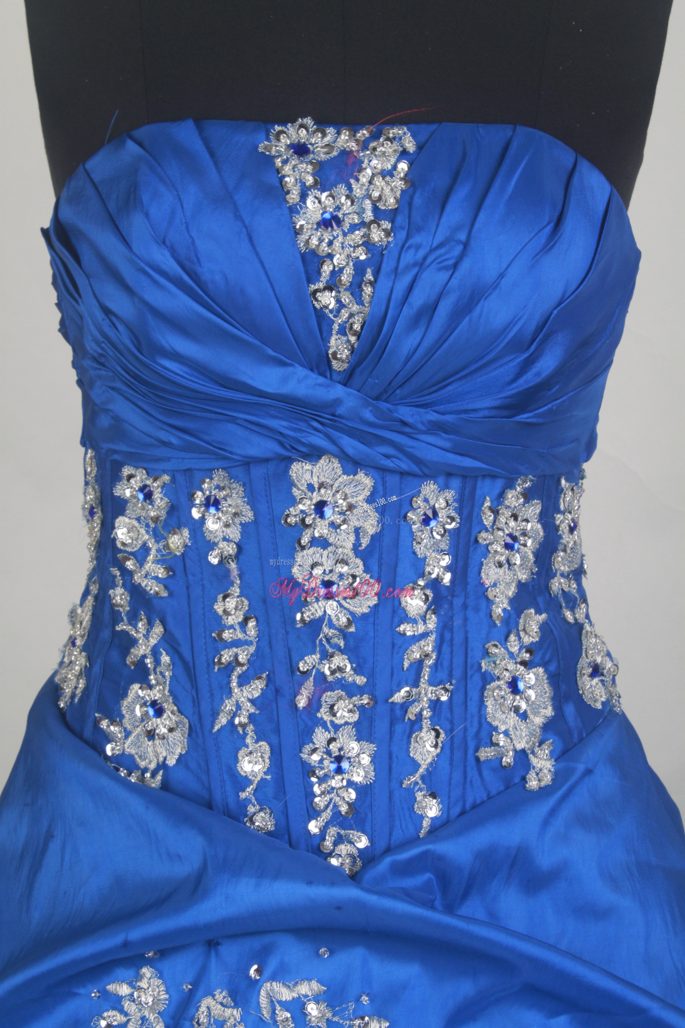 Ruched and Appliqued Strapless Royal Blue Quinceanera Gowns