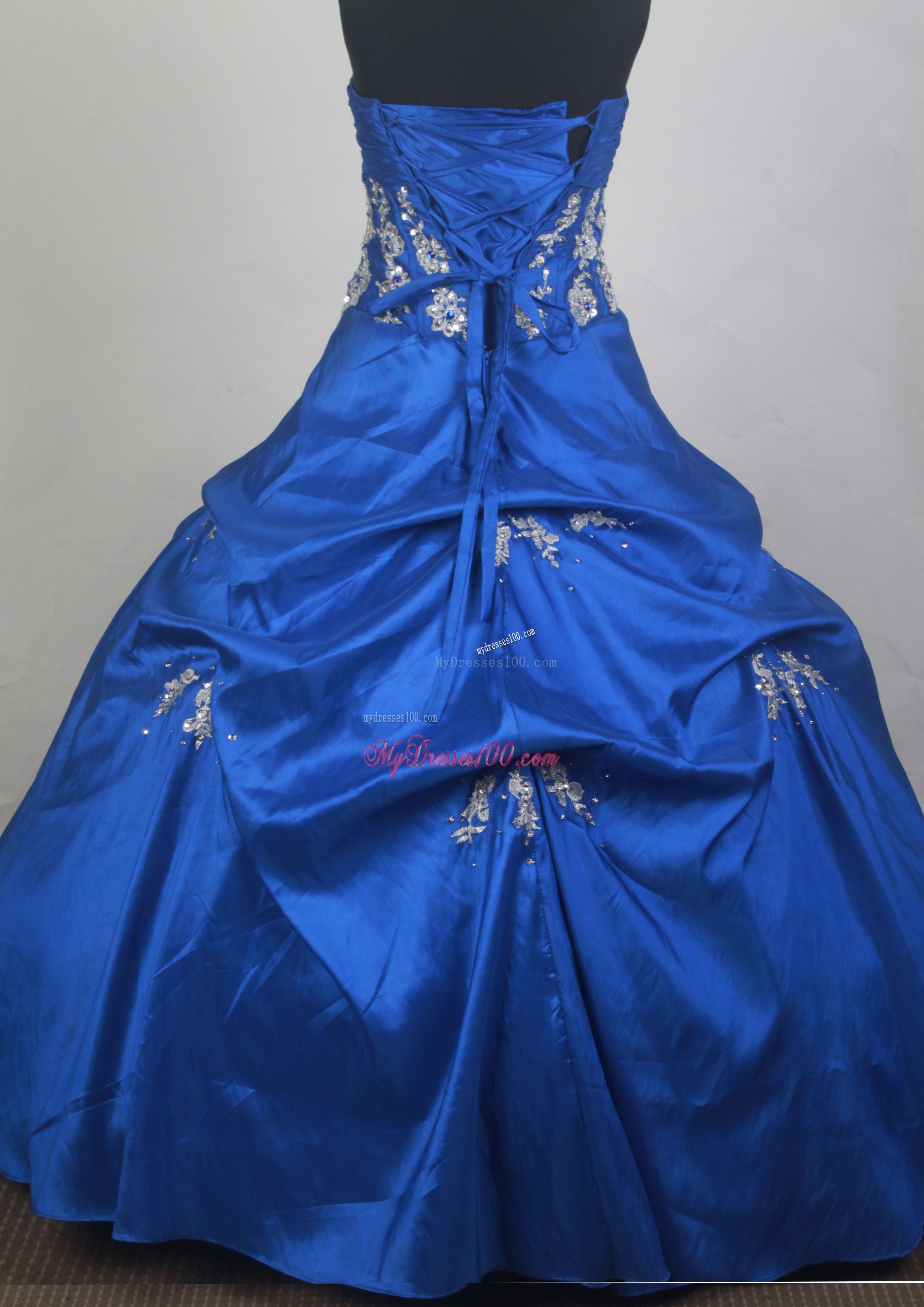 Ruched and Appliqued Strapless Royal Blue Quinceanera Gowns