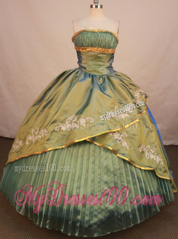 Olive Green Strapless Beaded Ruching Appliques Sweet Sixteen Dresses