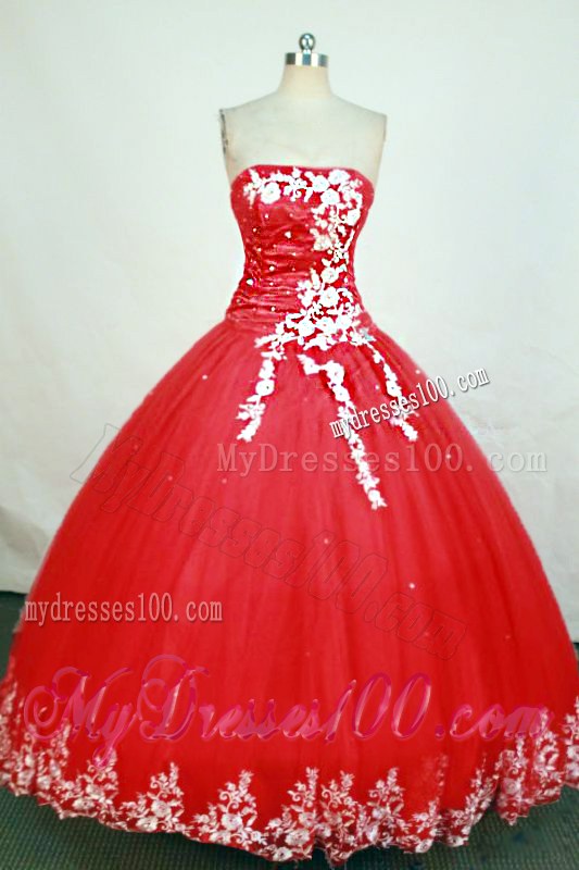Fitted Strapless Appliques Red Quinceneara Dresses Floor-length Lace Up