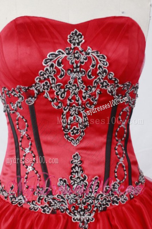Puffy Corset Red Quinceanera Dress with Black Embellishment