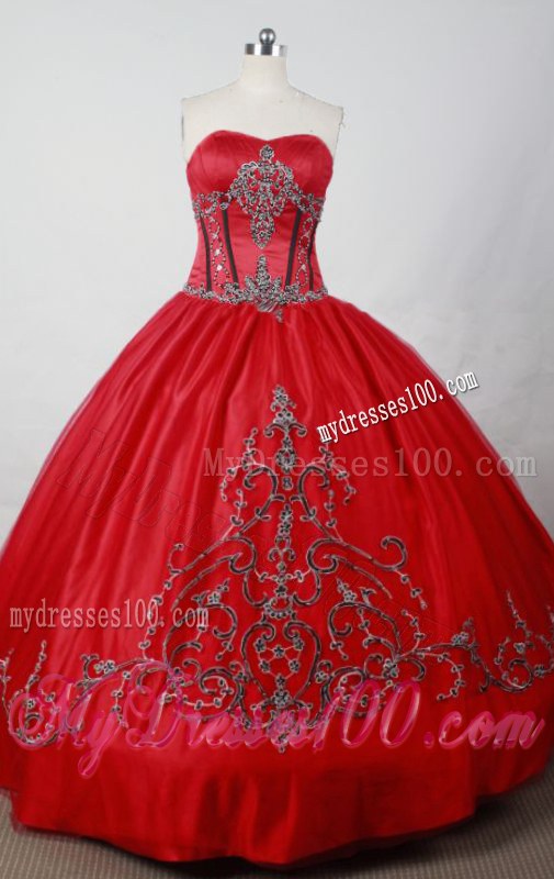 Puffy Corset Red Quinceanera Dress with Black Embellishment