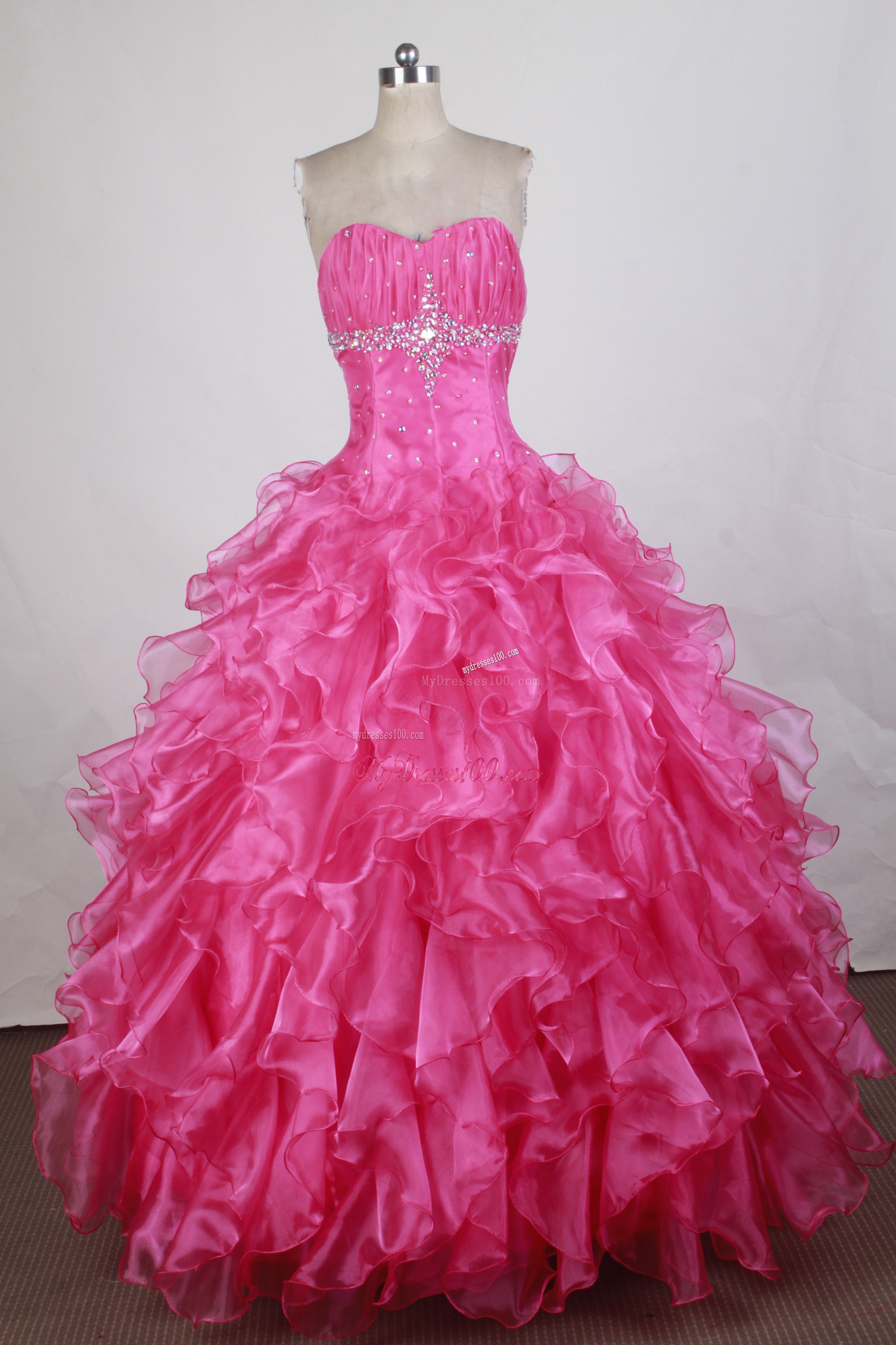 Beaded and Ruffled Sweet 16 Quinceanera Gown in Hot Pink