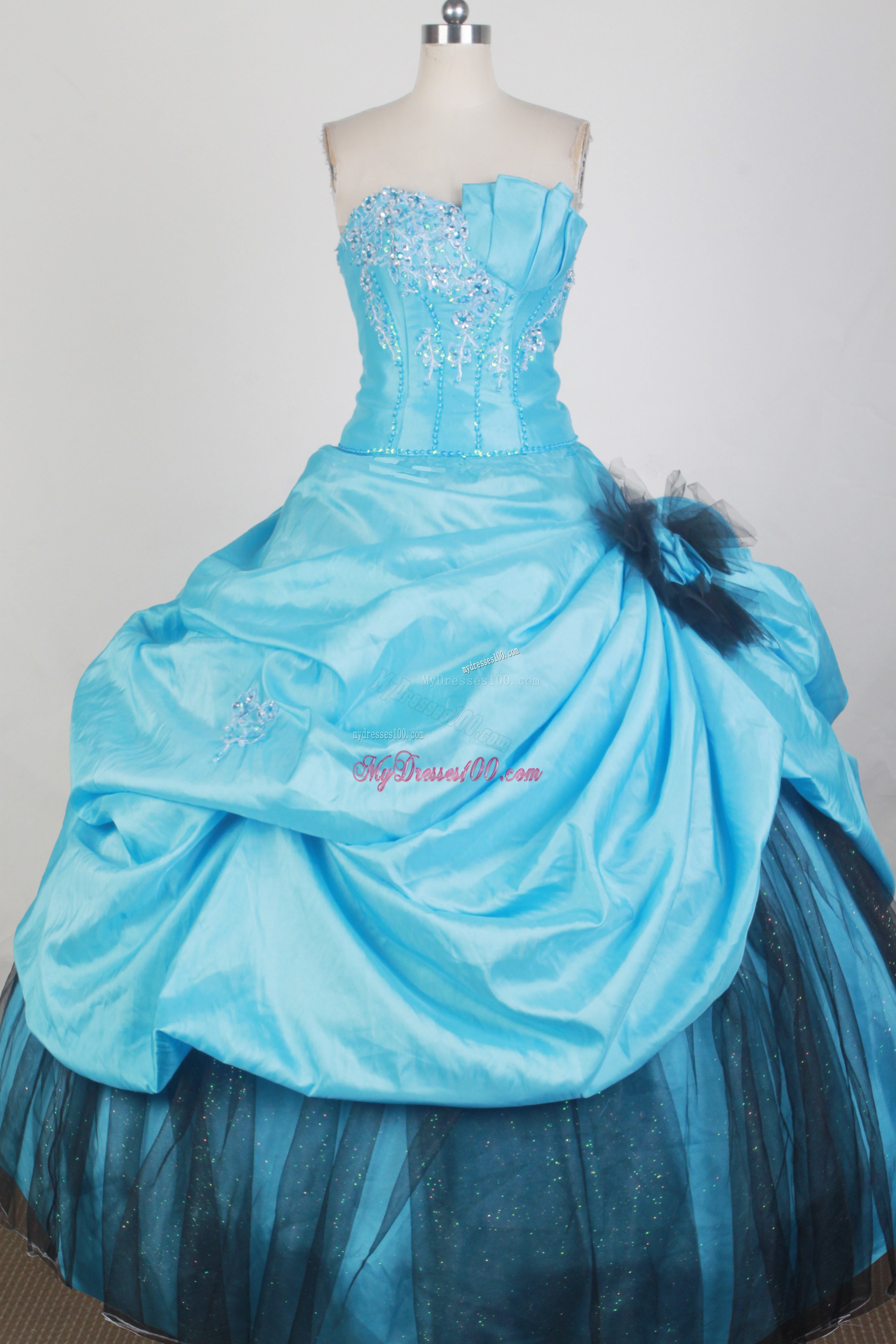Aqua Blue and Black Dress 16 with Beading and Pick-ups