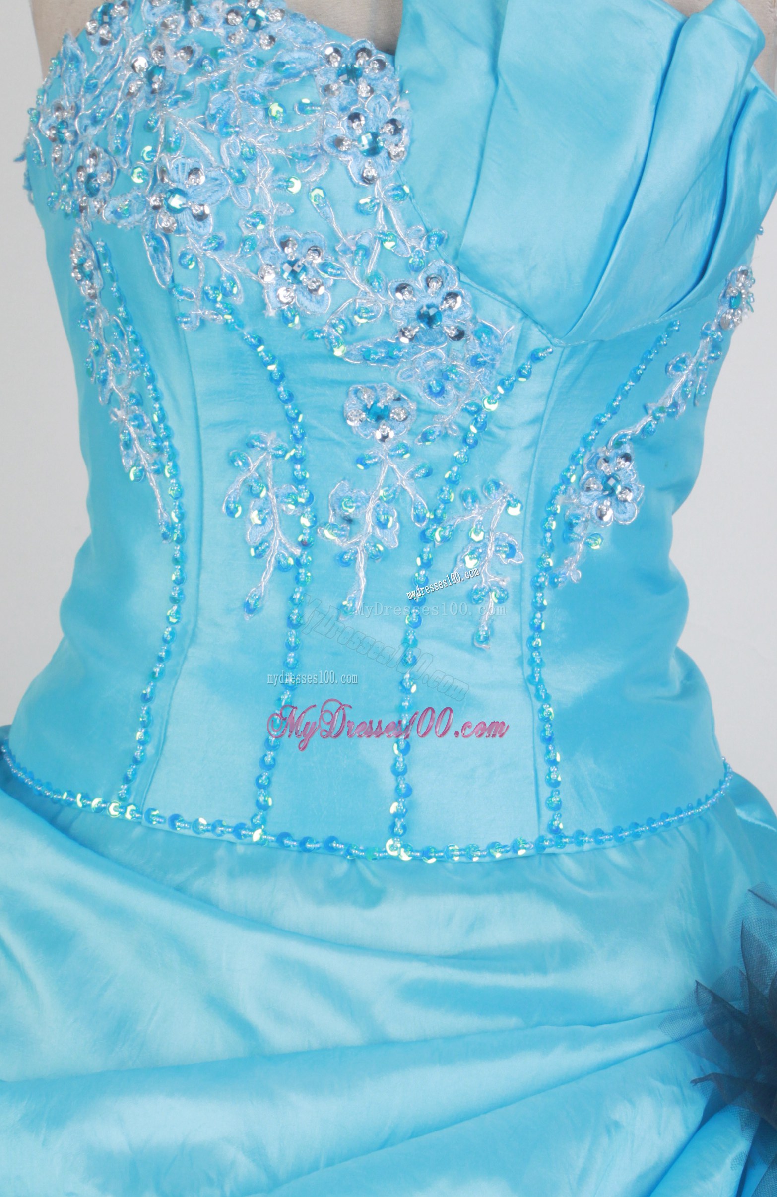 Aqua Blue and Black Dress 16 with Beading and Pick-ups