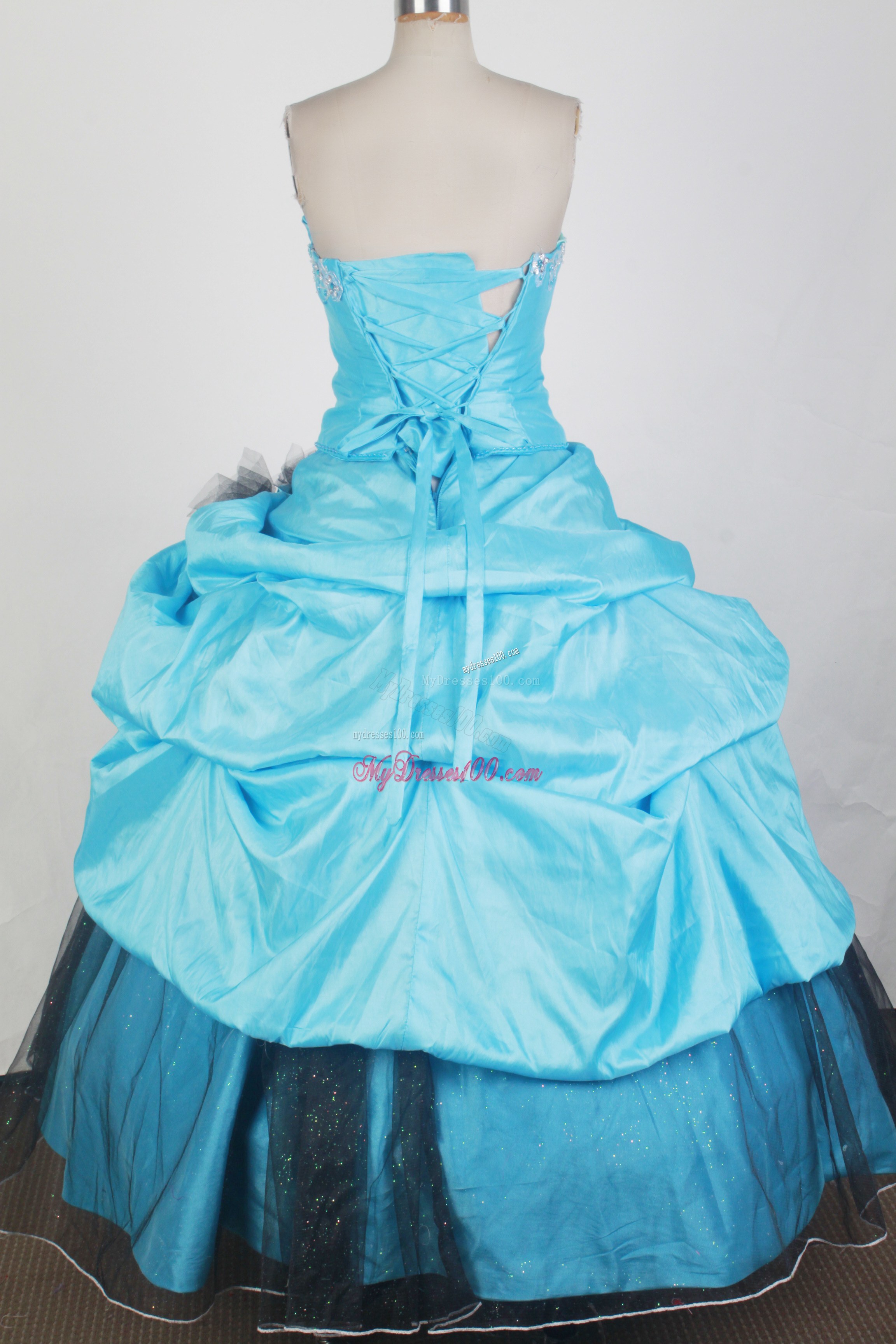 Aqua Blue and Black Dress 16 with Beading and Pick-ups
