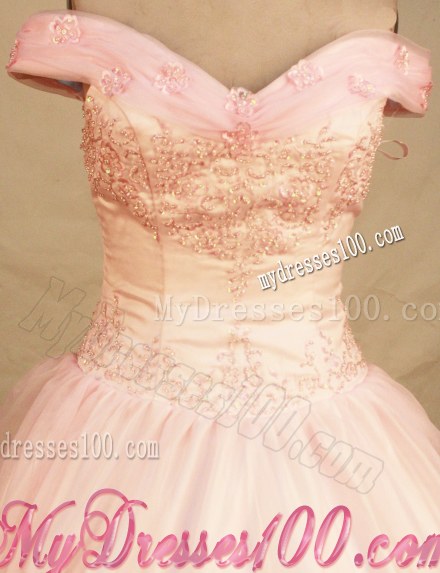Baby Pink off-the-Shoulder Lace Hem Appliques Sweet 16 Dress