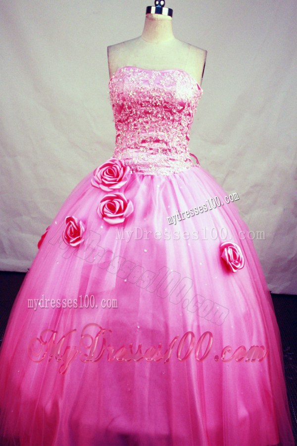 Handmade Flowers Appliques Hot Pink Quinceanera Dresses