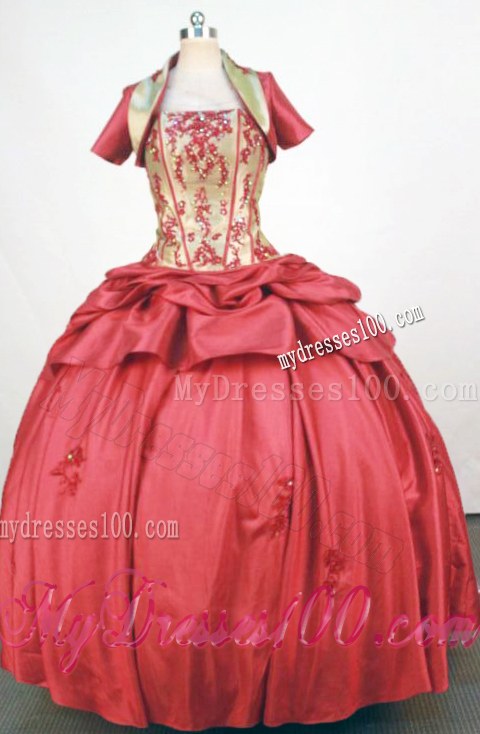 Lovely Red and Golden Strapless Appliqued Quinceanera Gown Lace up
