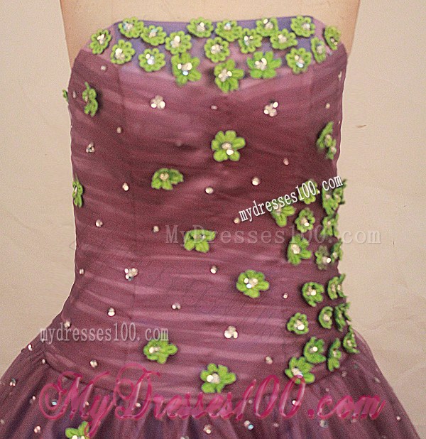 Purple Ball Gown Dresses 16 with Diamonds and Green Appliques