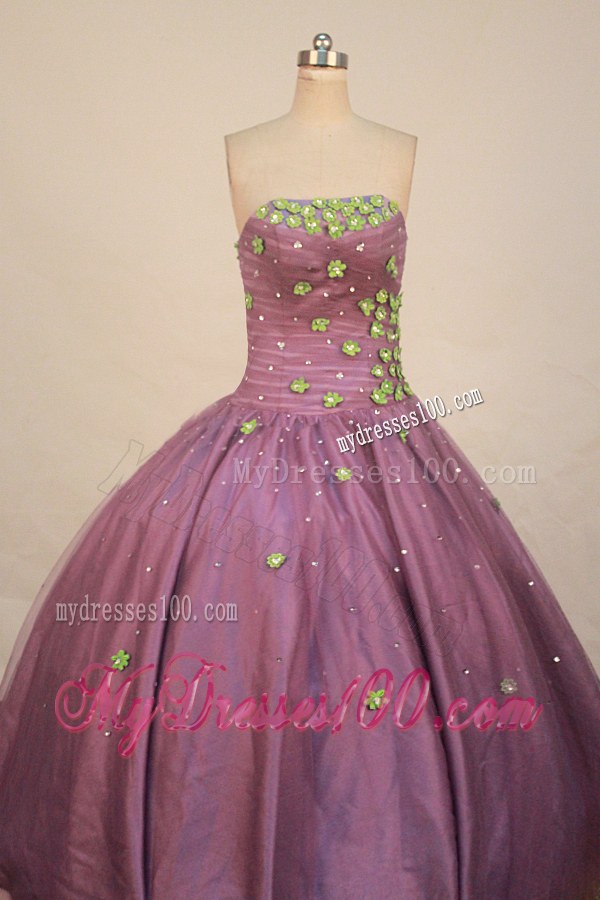 Purple Ball Gown Dresses 16 with Diamonds and Green Appliques