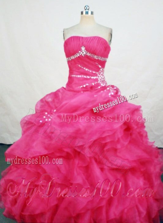 Hot Pink Ruching Beaded Ruffled Layers Organza Sweet 15 Dresses