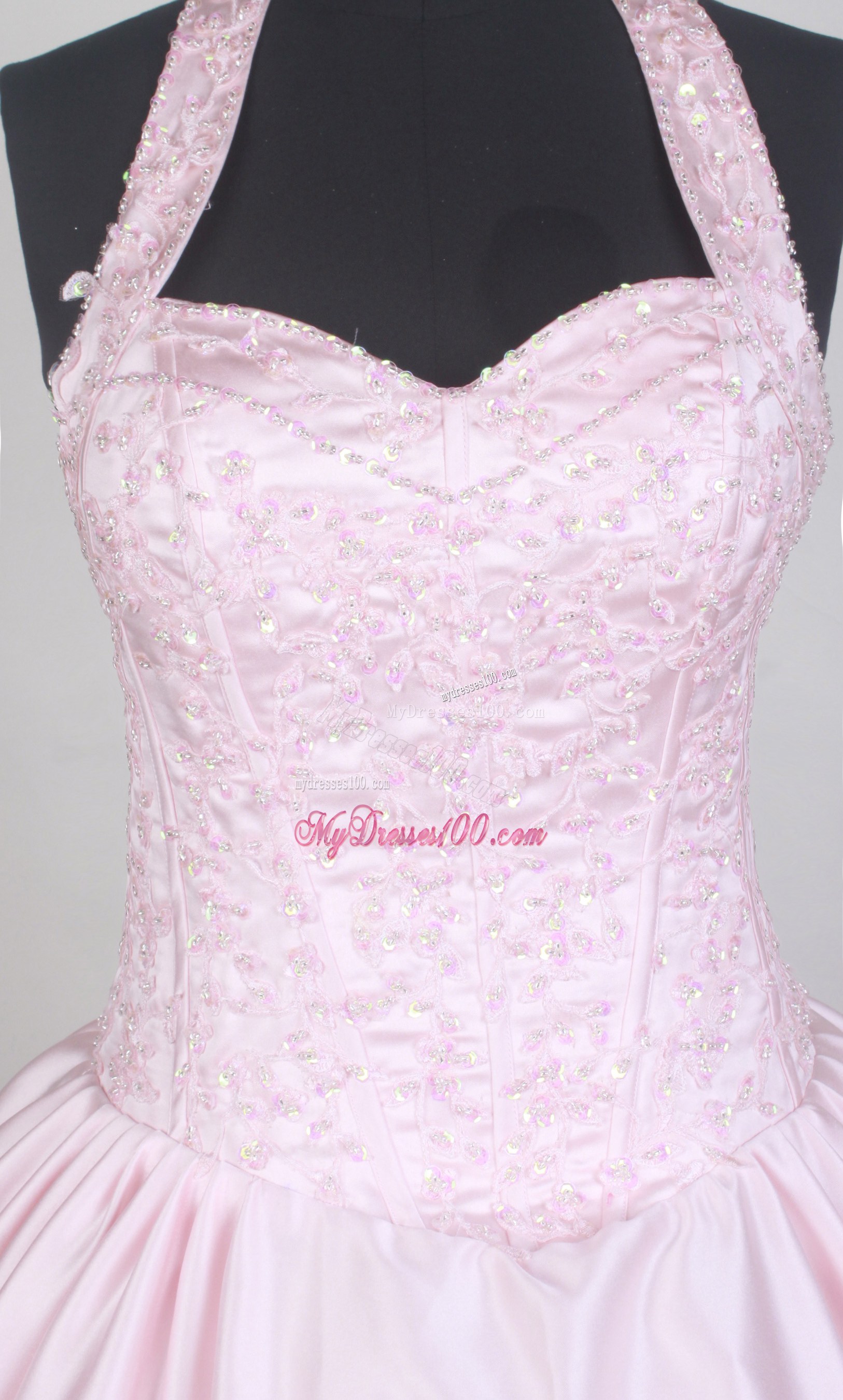 Sweetheart Halter Embroidered Quinceanera Dress in Baby Pink