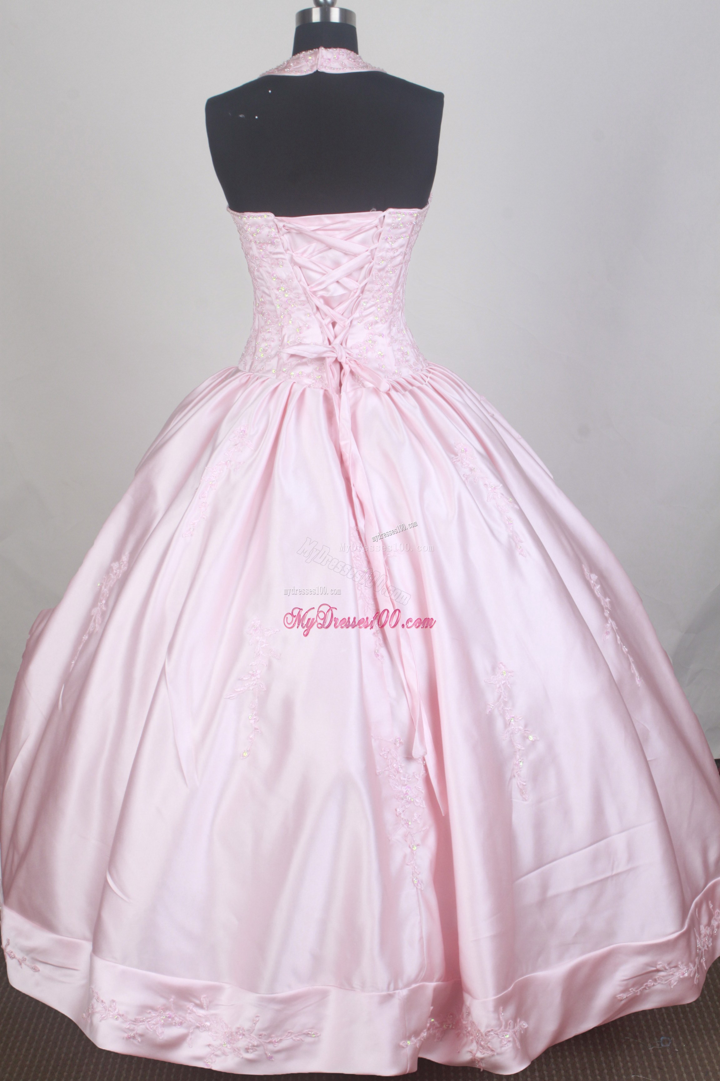 Sweetheart Halter Embroidered Quinceanera Dress in Baby Pink