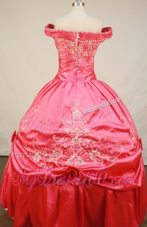Coral Red Off-The-Shoulder Embroidery and Floral Quinceanera Dress