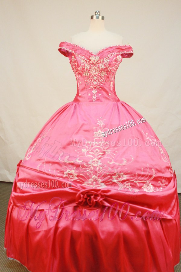 Coral Red Off-The-Shoulder Embroidery and Floral Quinceanera Dress