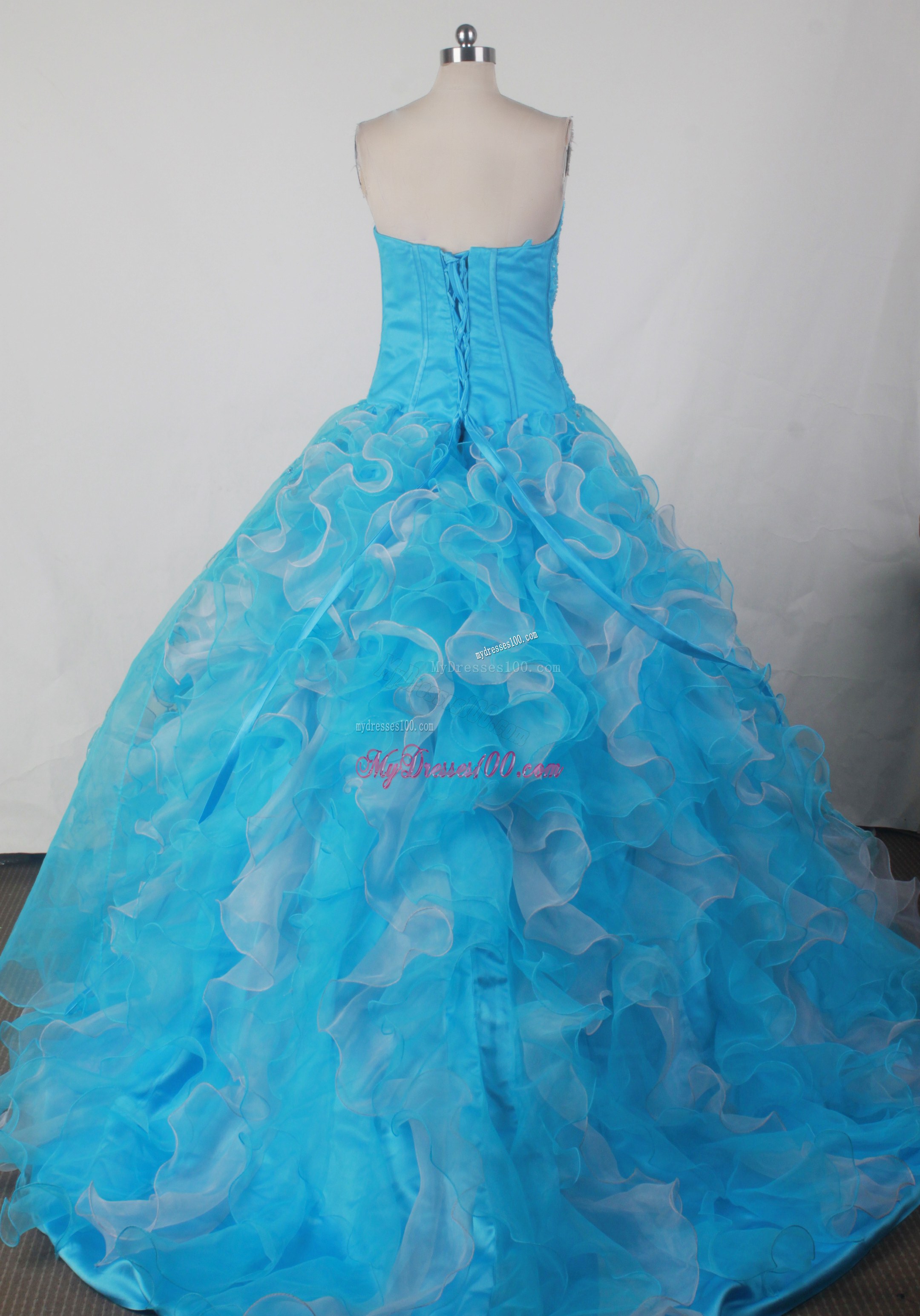 Beaded Blue Dress for Quinceanera with Ruffles Back