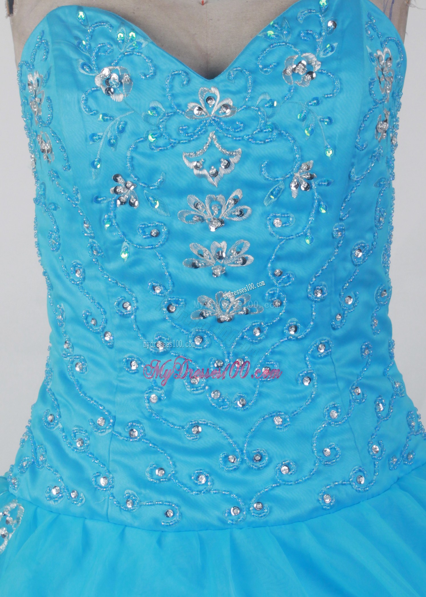 Beaded Blue Dress for Quinceanera with Ruffles Back
