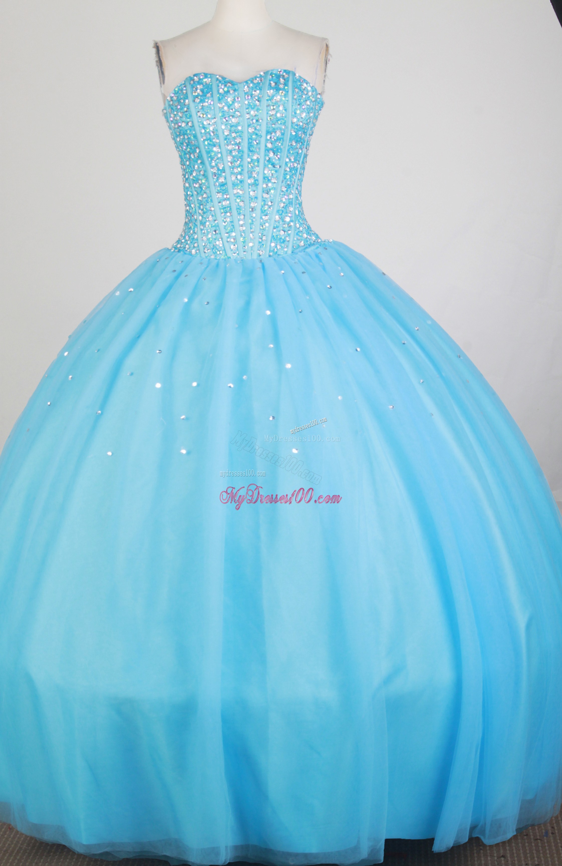 Full Beaded Bodice Aqua Blue Tulle Quinceanera Dress