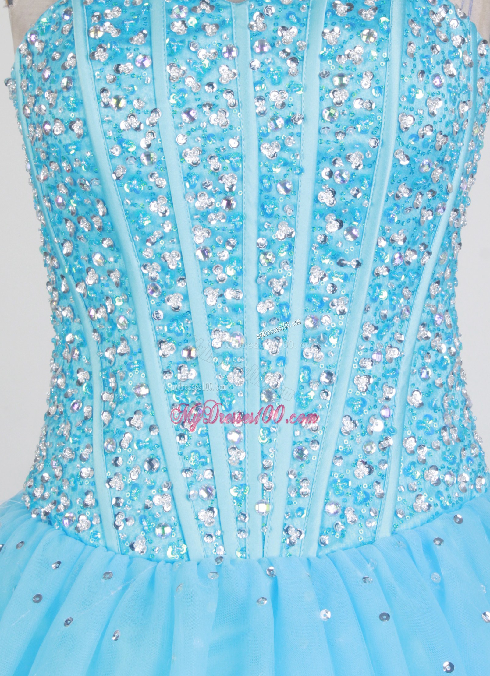 Full Beaded Bodice Aqua Blue Tulle Quinceanera Dress