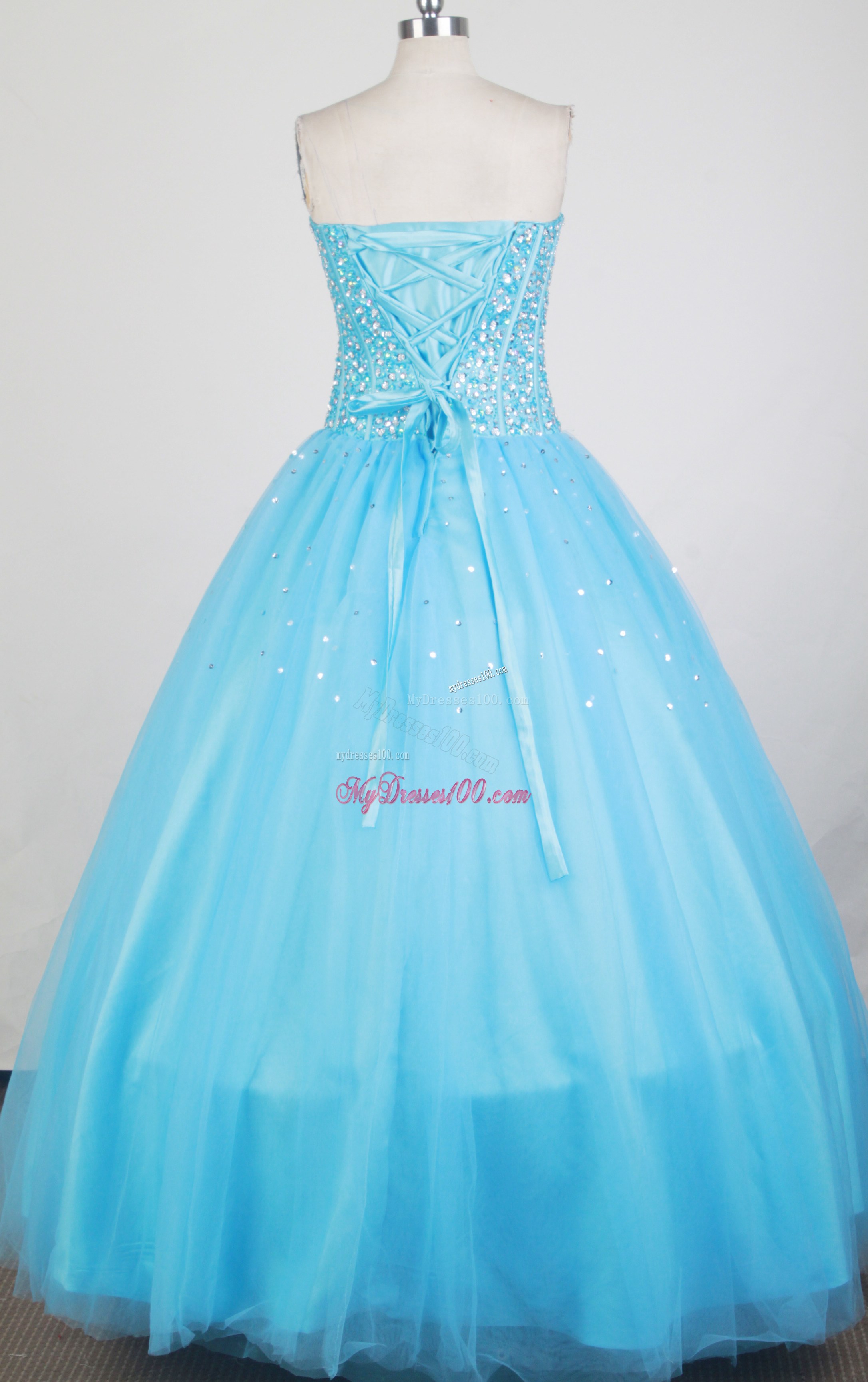Full Beaded Bodice Aqua Blue Tulle Quinceanera Dress