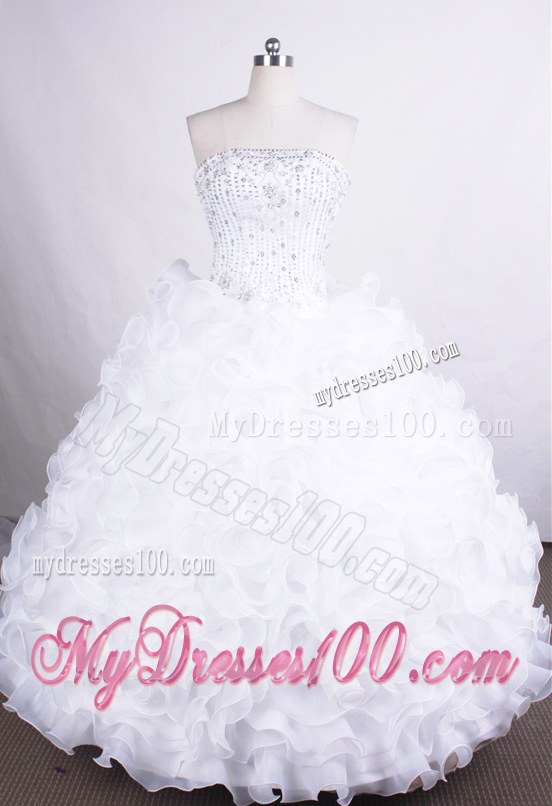 White Strapless Quinceanera Gowns with Rolling Flowers and Beading