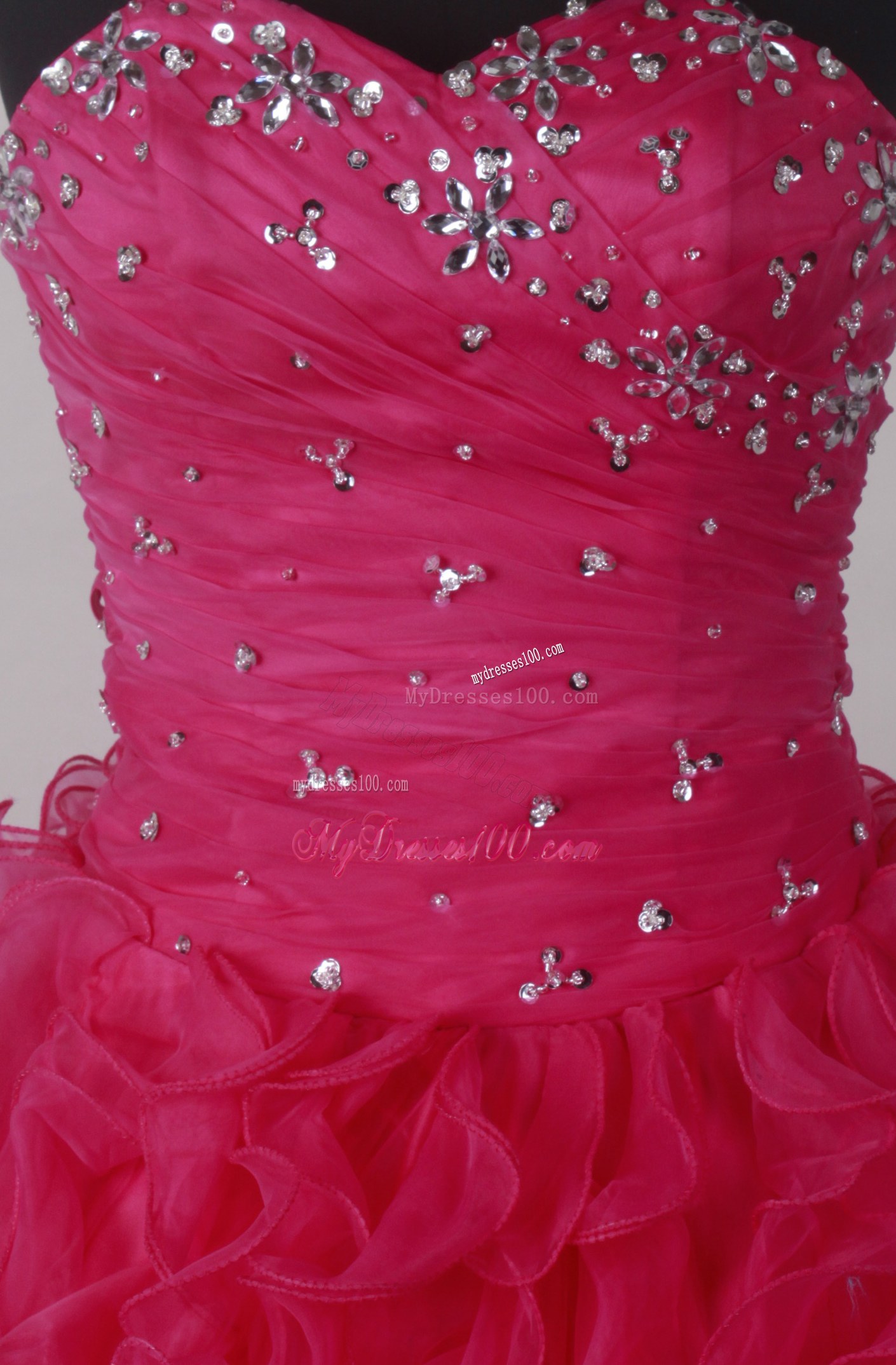 Beaded Bodice and Puffy Ruffles Hot Pinkquinceanera Gowns