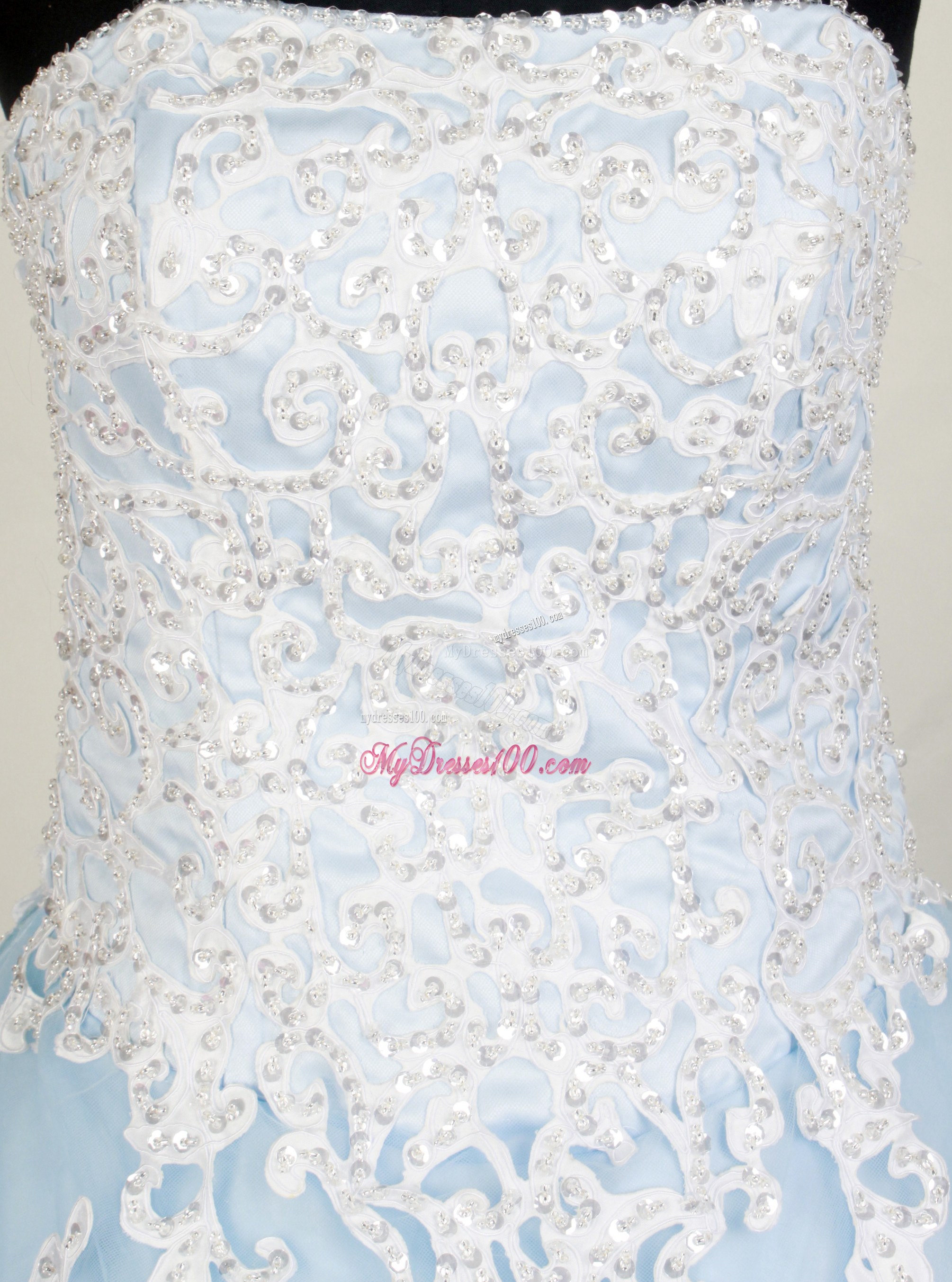Princess Quinceanera Dress with Beadings and Floral Appliques in Light Blue