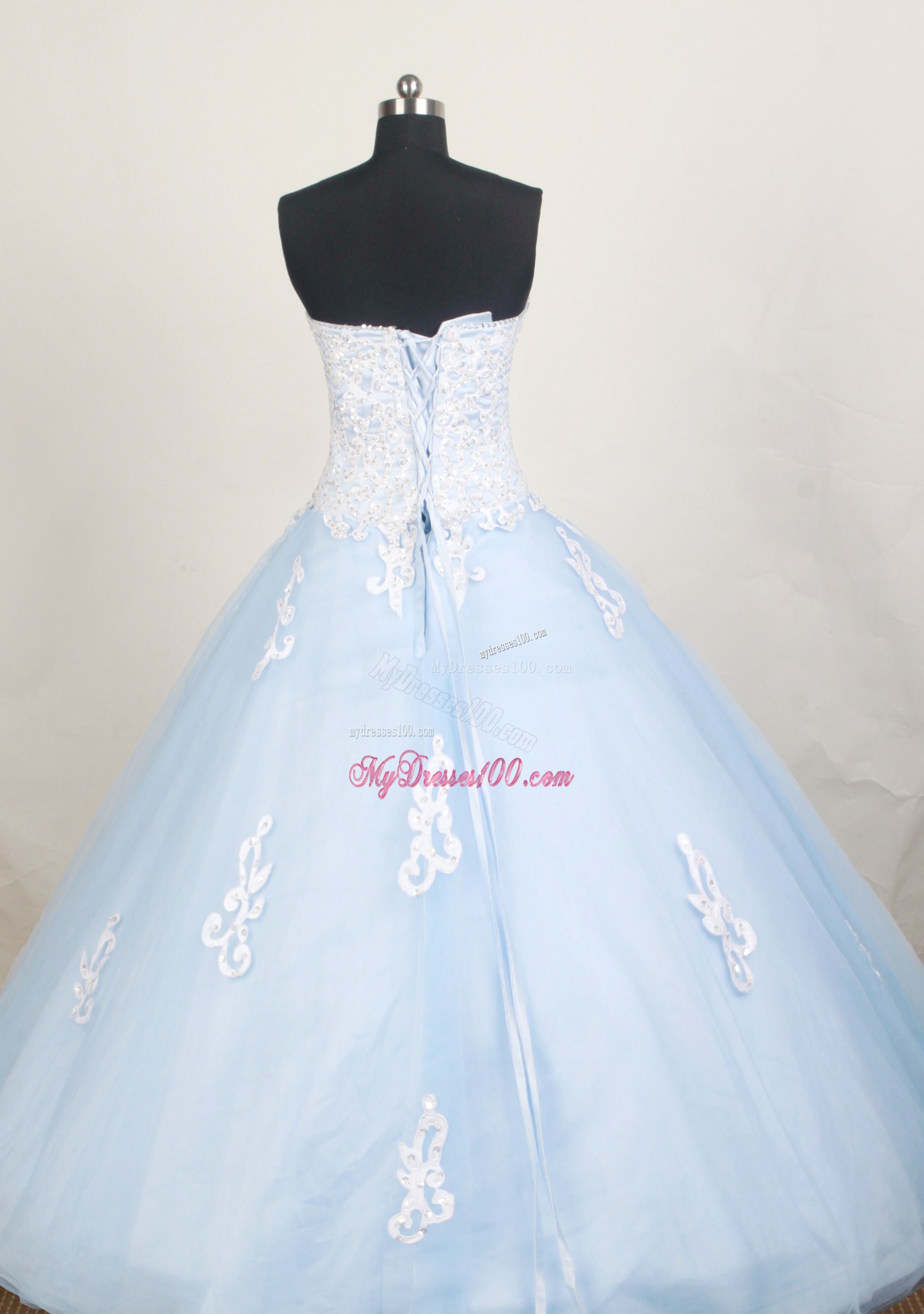 Princess Quinceanera Dress with Beadings and Floral Appliques in Light Blue