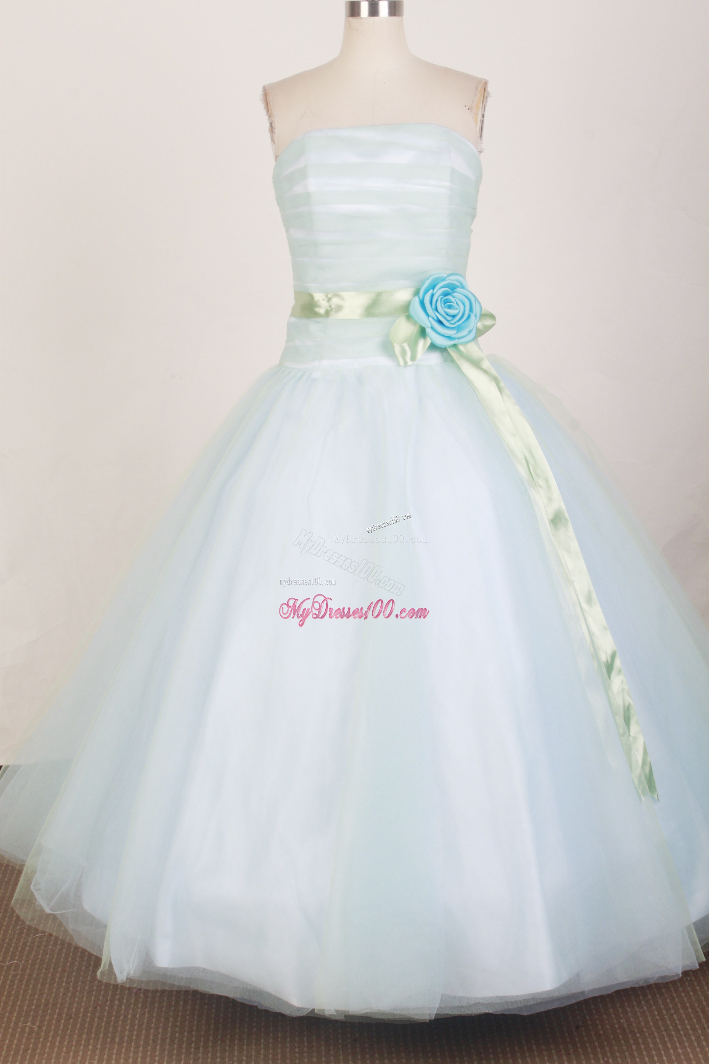 White Strapless Lace-Up Quinceanera Dress with Flowery Sash