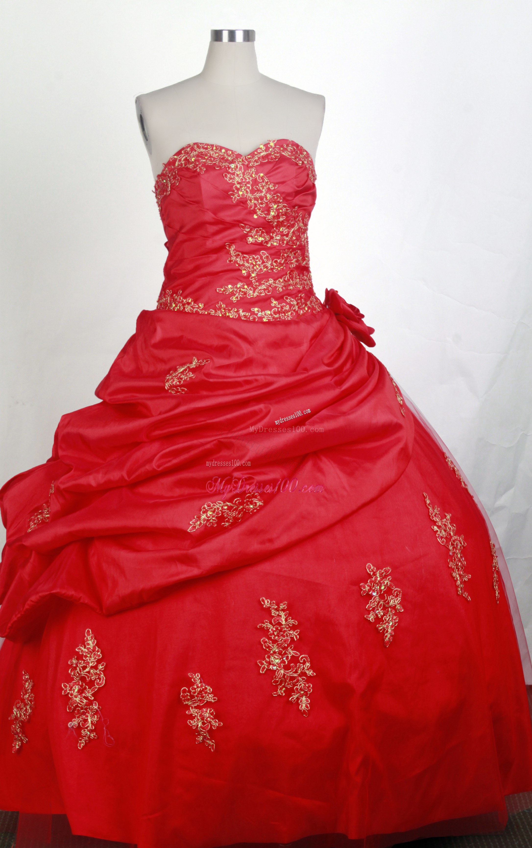 Hand Made Flowers Ruching and Appliques Quinceanera Party Dress in Red