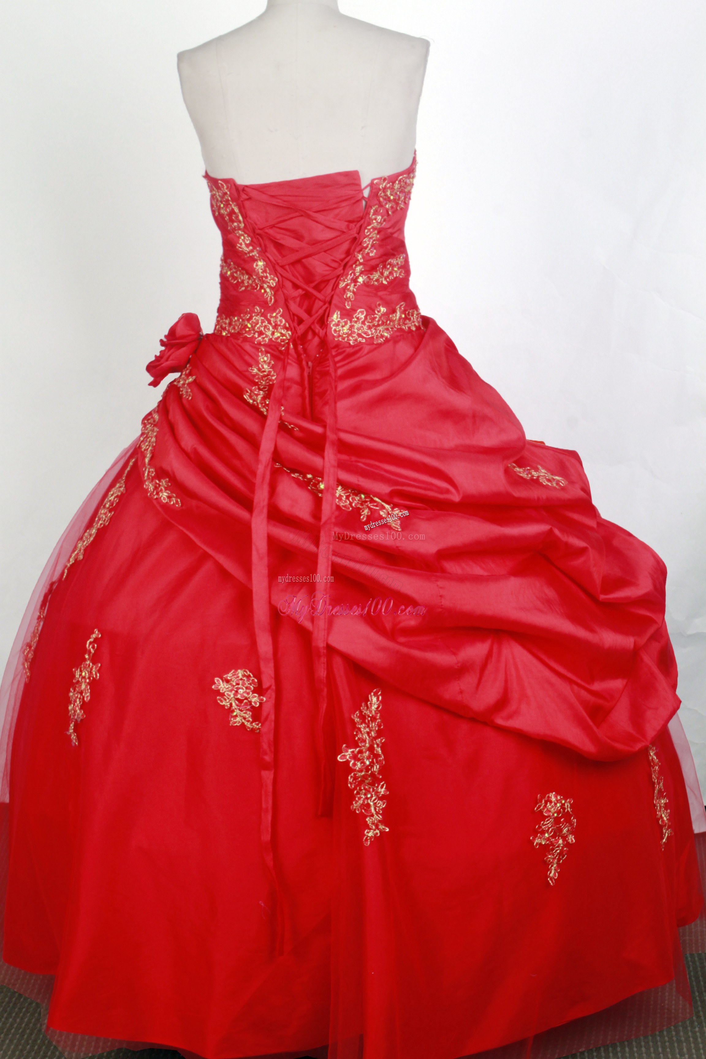 Hand Made Flowers Ruching and Appliques Quinceanera Party Dress in Red