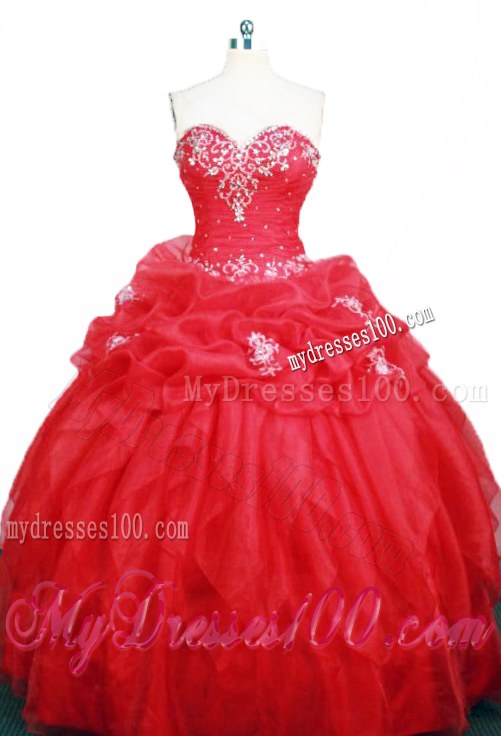 Modest Red Sweetheart Long Appliqued Organza Sweet Sixteen Dresses
