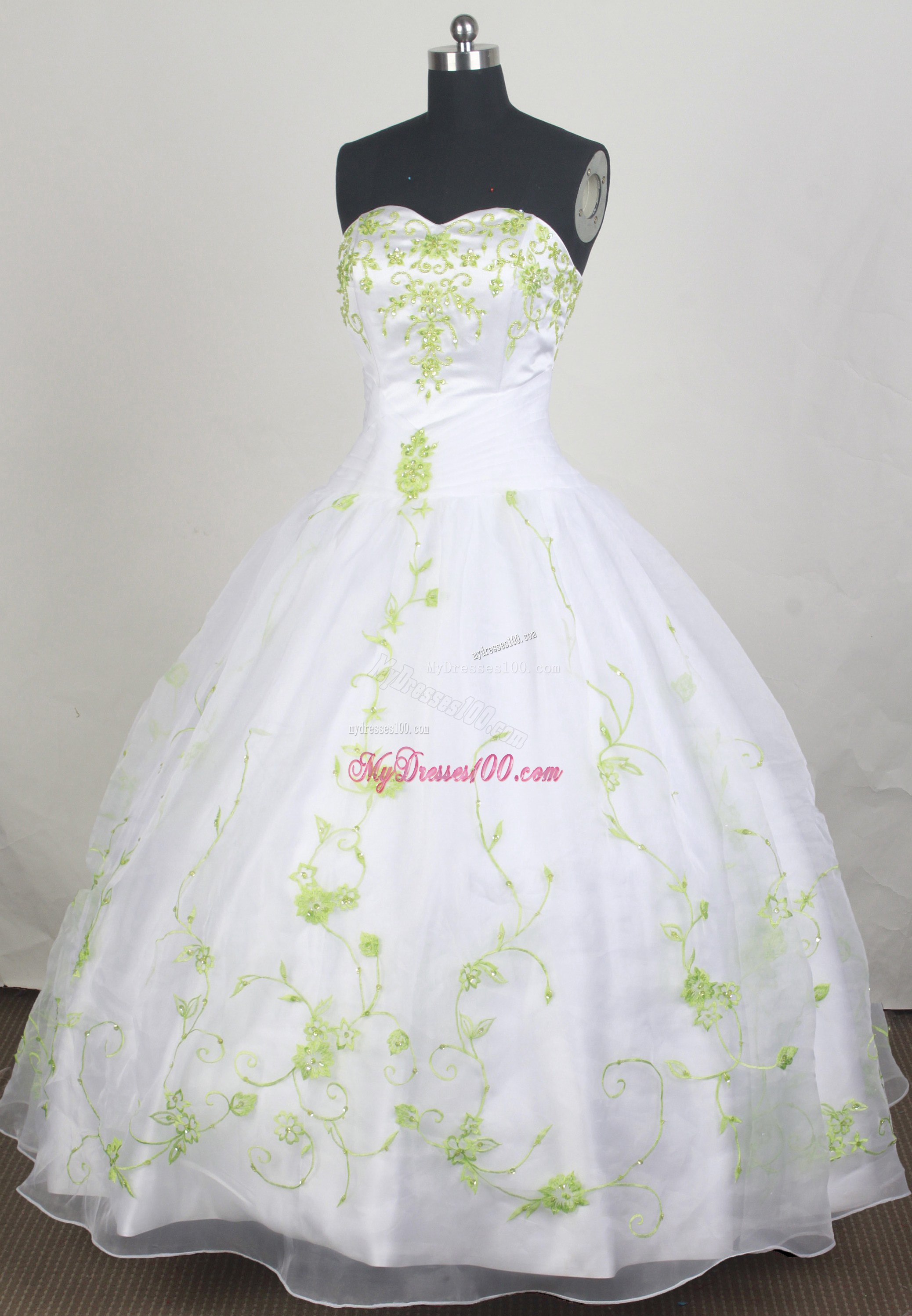 White Ball Gown Organza Dresses 16 with Green Embroidery