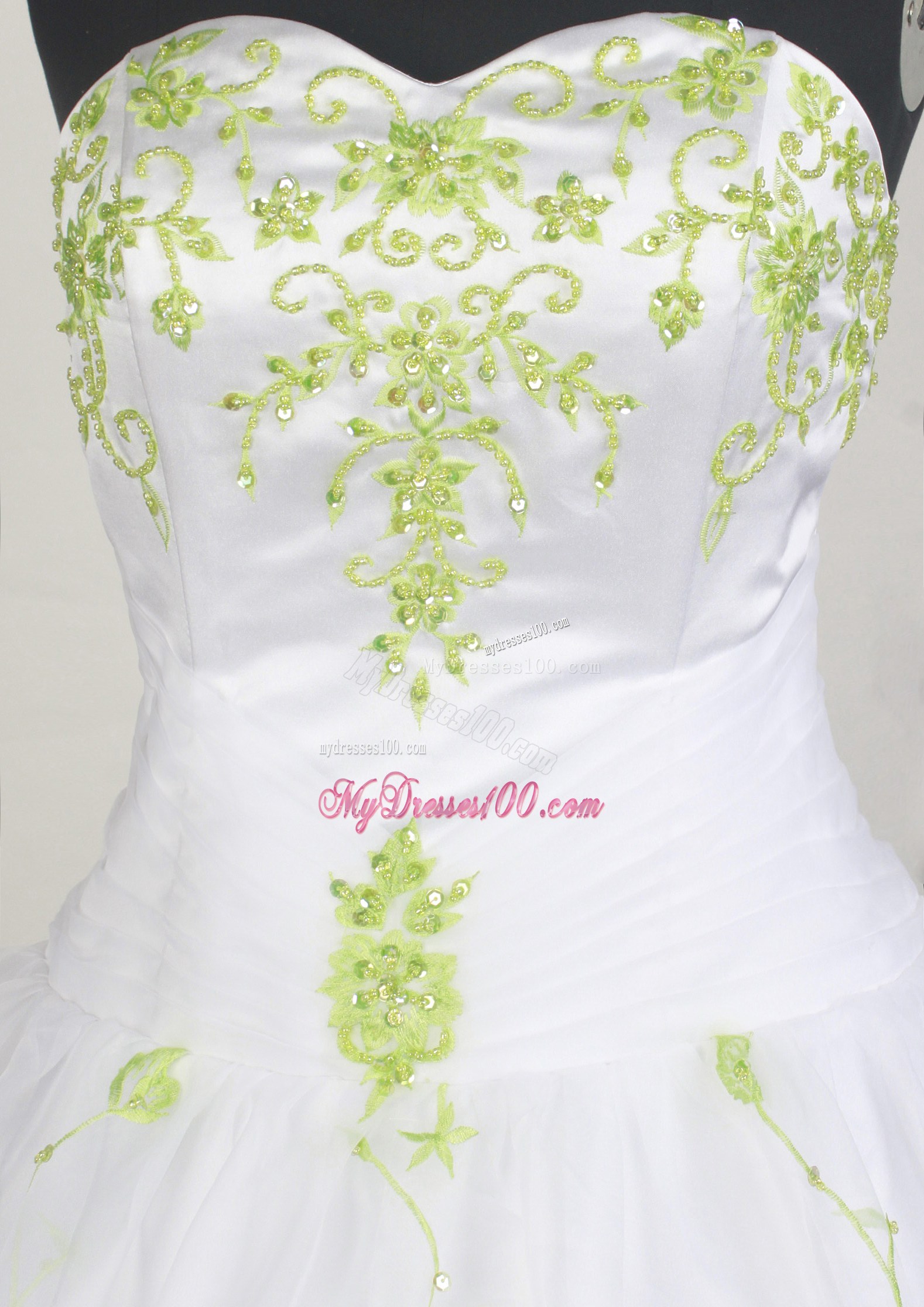 White Ball Gown Organza Dresses 16 with Green Embroidery