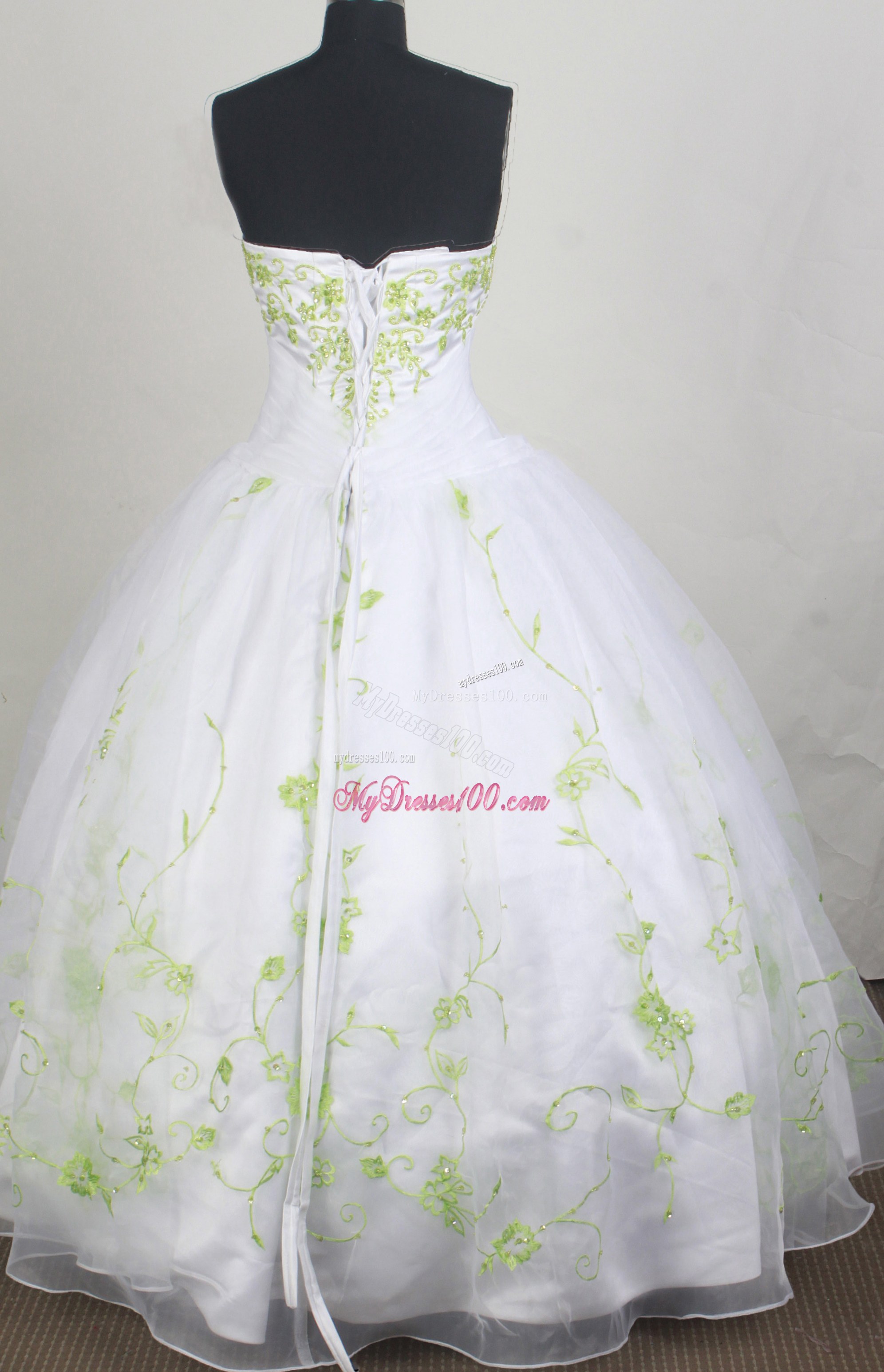 White Ball Gown Organza Dresses 16 with Green Embroidery