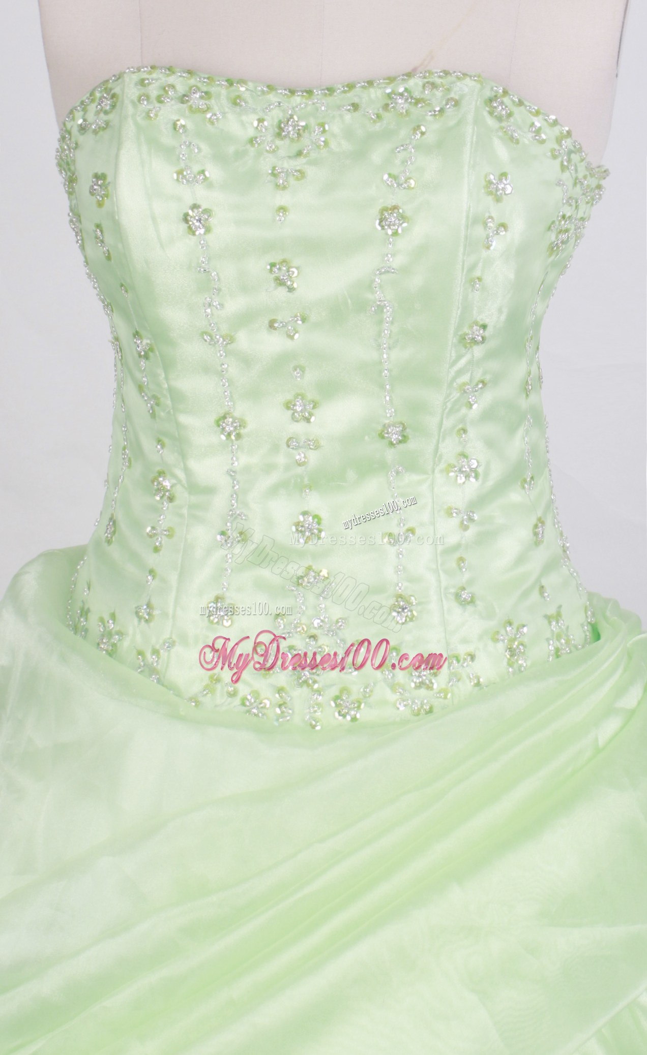 Beading and Ruches Decorate Applie Green Quinceanera Gown