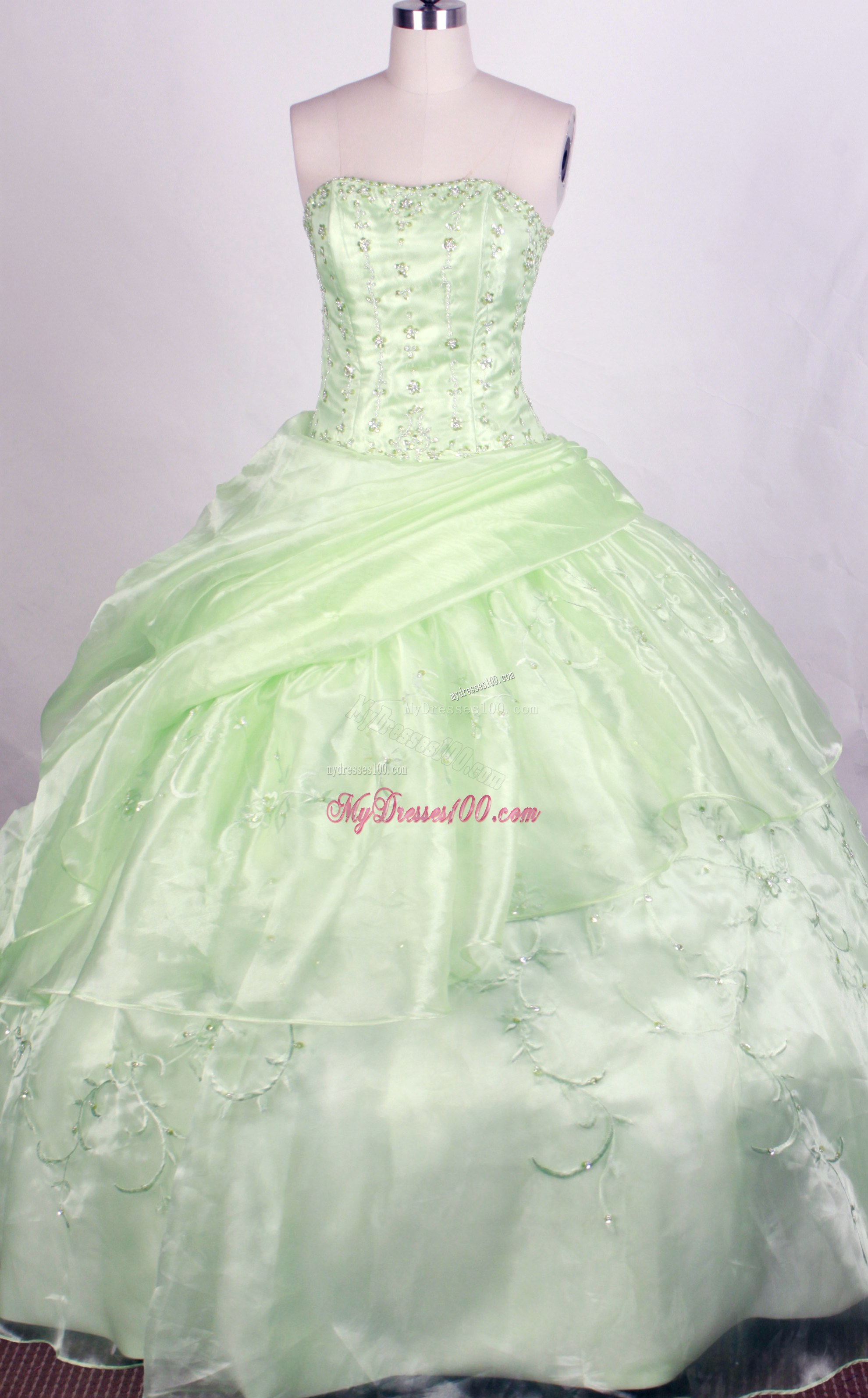 Beading and Ruches Decorate Applie Green Quinceanera Gown