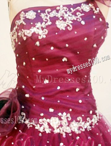 Flowers One Shoulder Appliques Beaded Burgundy Dress for Sweet 15
