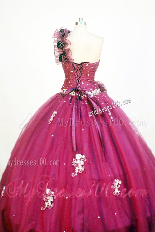 Flowers One Shoulder Appliques Beaded Burgundy Dress for Sweet 15