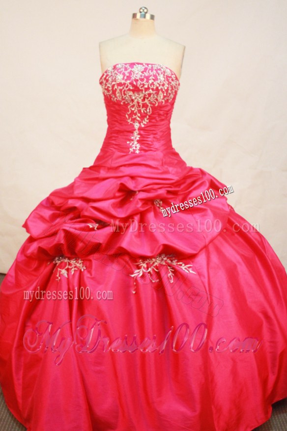 Fashinable Ruched and Appliqued Coral Red Dresses 16 with Pick-ups