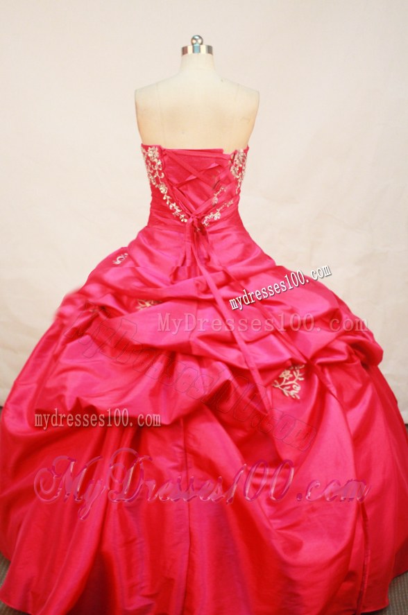Fashinable Ruched and Appliqued Coral Red Dresses 16 with Pick-ups
